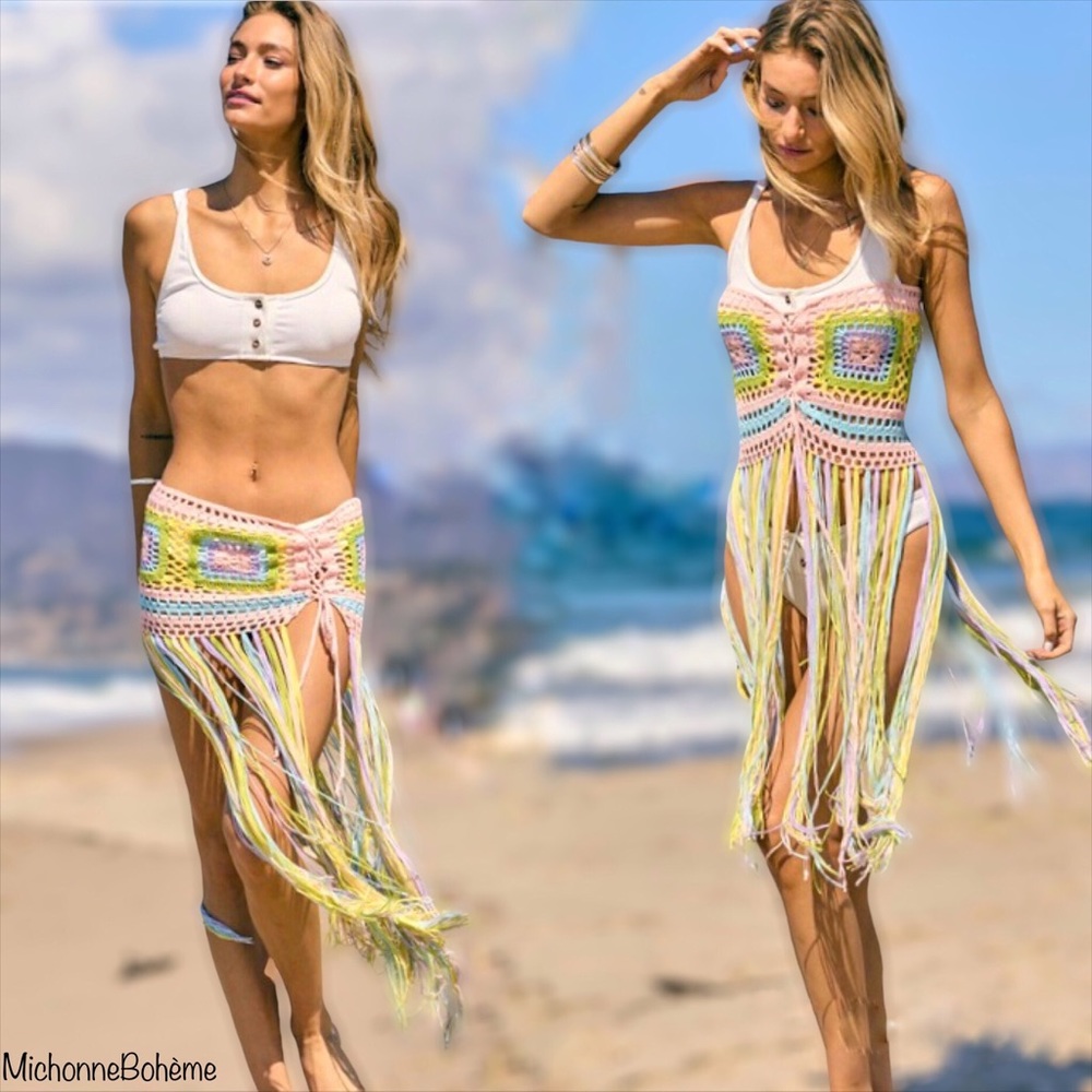 Davi & Dani Pastel Rainbow Crochet Fringed Convertible Top to Skirt - Picture 5 of 16